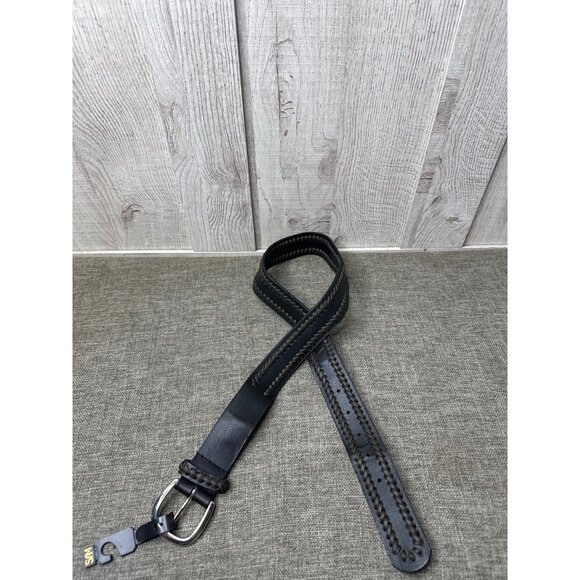 None Other - Mens Braided Black Faux Leather Belt Size S/M With Silver Buckle Dress Casual